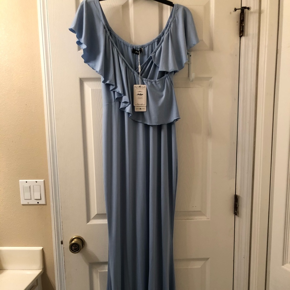 Floor length maternity gown in blue